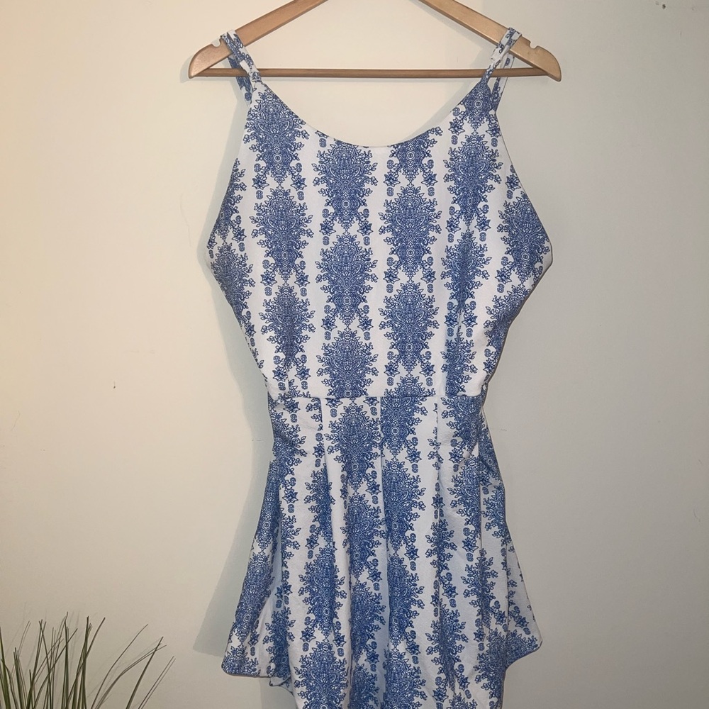 White & Blue Printed Spaghetti-Strap Romper